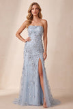Robe formelle longue à fendre sur le côté bleue bleu poussiéreux