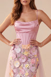 Corset rose sirène à col col à capuche, appliques floraux, robe formelle Maxi en satin avec fente