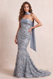 Robe formelle sirène bleu poussiéreux sans bustier à franges