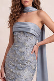Robe formelle sirène bleu poussiéreux sans bustier à franges