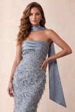Robe formelle sirène bleu poussiéreux sans bustier à franges