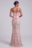 Robe de bal de promo brodée en satin sans bretelles Corset rose avec perles