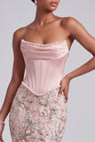 Robe de bal de promo brodée en satin sans bretelles Corset rose avec perles