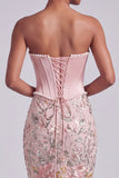 Robe de bal de promo brodée en satin sans bretelles Corset rose avec perles