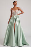 Robe de bal de bal corset verte A-Line Strapless en satin avec nœud et fente