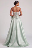 Robe de bal de bal corset verte A-Line Strapless en satin avec nœud et fente