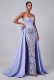 Corset lavande Sirène sans bretelles en satin perles Sequins Robe de bal brodée avec nœud