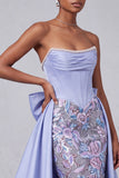Corset lavande Sirène sans bretelles en satin perles Sequins Robe de bal brodée avec nœud