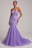 Corset violet transparent sirène longue, robe de bal sans bretelles avec des appliques en papillon en 3D