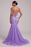 Corset violet transparent sirène longue, robe de bal sans bretelles avec des appliques en papillon en 3D