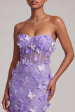 Corset violet transparent sirène longue, robe de bal sans bretelles avec des appliques en papillon en 3D
