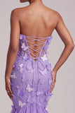 Corset violet transparent sirène longue, robe de bal sans bretelles avec des appliques en papillon en 3D