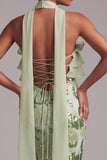 Robe de soirée longue verte sirène sans bretelles avec volants et paillettes