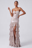 Robe de soirée longue verte sirène sans bretelles avec volants et paillettes
