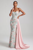Robe de soirée longue vert clair sirène en satin sans bretelles avec broderie florale et paillettes