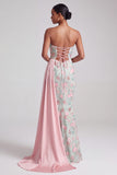 Robe de soirée longue vert clair sirène en satin sans bretelles avec broderie florale et paillettes