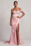 Robe de soirée longue rose fourreau en satin à épaules dénudées avec broderie florale et fronces
