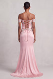 Robe de soirée longue rose fourreau en satin à épaules dénudées avec broderie florale et fronces