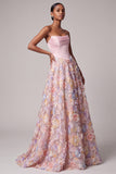 Corset rose satiné Appliques Perles Ligne A Anneaux Longue robe de bal