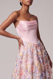 Corset rose satiné Appliques Perles Ligne A Anneaux Longue robe de bal