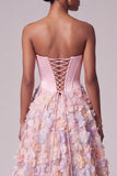 Corset rose satiné Appliques Perles Ligne A Anneaux Longue robe de bal