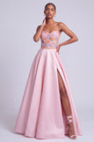 Robe de bal longue de bal en satin rose sans bretelles florales A-line avec fente latérale