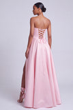 Robe de bal longue de bal en satin rose sans bretelles florales A-line avec fente latérale