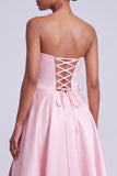 Robe de bal longue de bal en satin rose sans bretelles florales A-line avec fente latérale