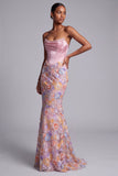 Corset rose satin sans bustier, perles de sirène, appliques floraux, longue robe de bal