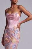 Corset rose satin sans bustier, perles de sirène, appliques floraux, longue robe de bal