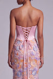 Corset rose satin sans bustier, perles de sirène, appliques floraux, longue robe de bal