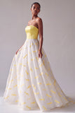 Robe longue de bal jaune en satin en satin A-Line Bustier Jacquard