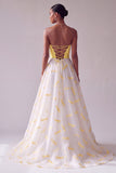 Robe longue de bal jaune en satin en satin A-Line Bustier Jacquard