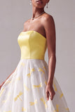 Robe longue de bal jaune en satin en satin A-Line Bustier Jacquard