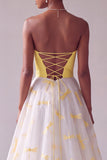 Robe longue de bal jaune en satin en satin A-Line Bustier Jacquard