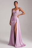 Applique florales en sirène violet clair Corset en satin froncé longue robe de bal avec fente