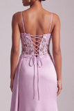 Applique florales en sirène violet clair Corset en satin froncé longue robe de bal avec fente