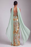 Robe de bal longue de bal sans bretelles dorées à paillettes avec drapé en chiffon