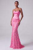 Robe longue de bal sans bretelles en sirène rose vif en satin