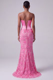 Robe longue de bal sans bretelles en sirène rose vif en satin