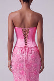 Robe longue de bal sans bretelles en sirène rose vif en satin