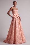 Robe de bal florale broderie sans bretelles Sequins Ligne A avec un nœud de bal en satin