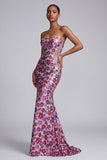 Robe de bal longue sirène florale en treillis fuchsia sans bretelles