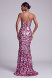 Robe de bal longue sirène florale en treillis fuchsia sans bretelles