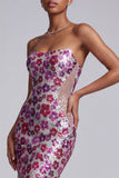 Robe de bal longue sirène florale en treillis fuchsia sans bretelles