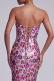 Robe de bal longue sirène florale en treillis fuchsia sans bretelles