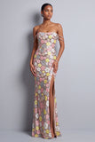 Robe de bal longue de bal en paillettes florales roses avec fente et bretelles en strass