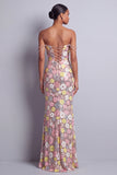 Robe de bal longue de bal en paillettes florales roses avec fente et bretelles en strass