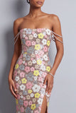 Robe de bal longue de bal en paillettes florales roses avec fente et bretelles en strass