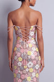 Robe de bal longue de bal en paillettes florales roses avec fente et bretelles en strass